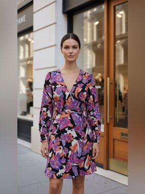 Topshop Multicolor Floral Long Sleeve Flattering Wrap Dress with Open Back